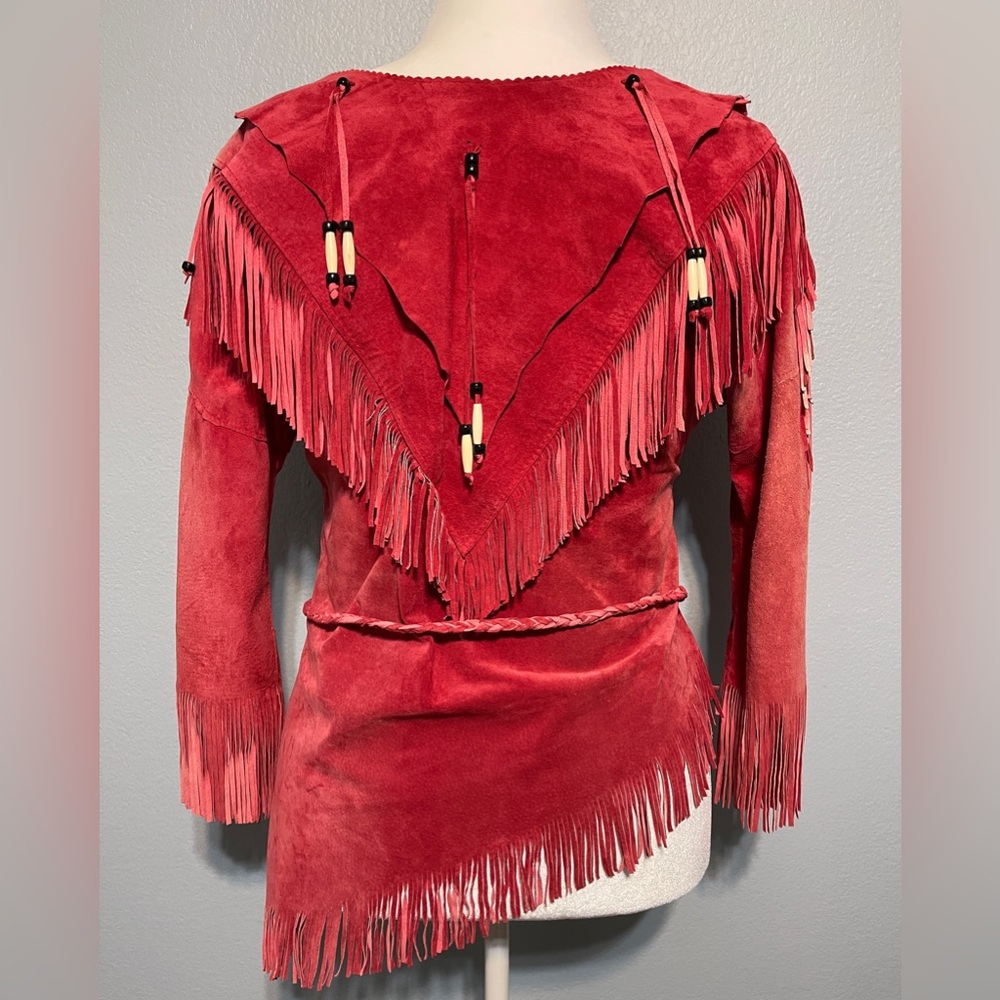 Ren Ellis Red Suede Fringe Western Top Beaded Cowgirl Southwestern Small - Flaws - Picture 6 of 11